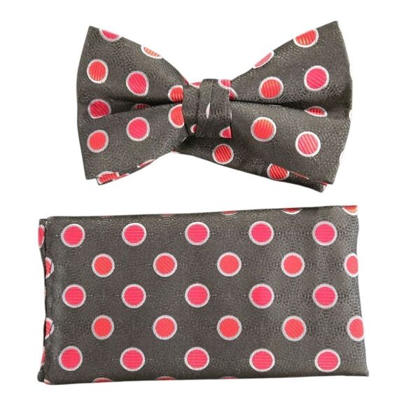 STACY ADAMS BLACK RED GRAY POLKA DOT FASHION BOXED BOW TIE & POCKET SQUARE SET. - Picture 2 of 5